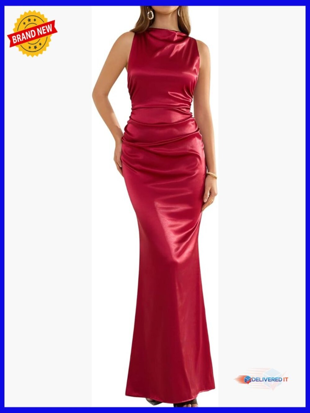 Satin Formal Maxi Dress Mock Neck Backless Mermaid Wedding Guest Evening